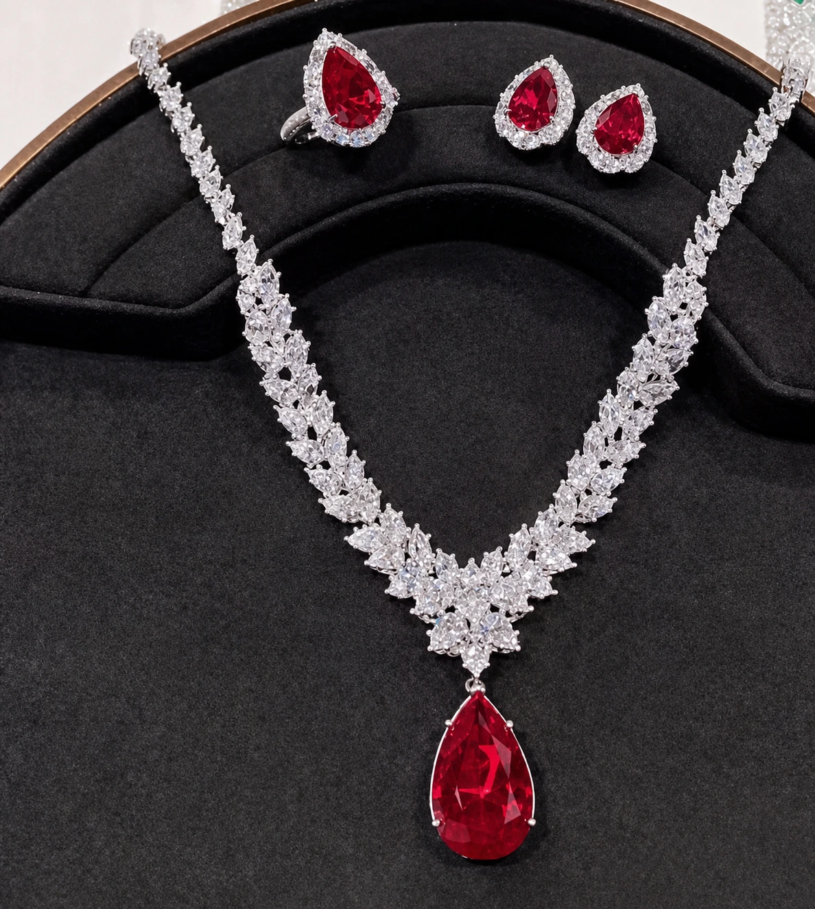 Red teardrop necklace and matching jewelry set